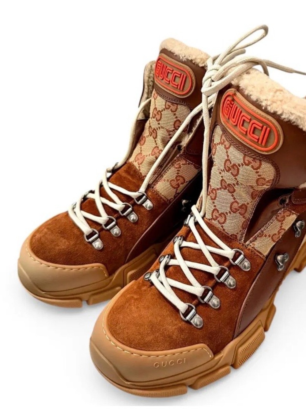 Gucci Brown Suede & GG Canvas Lace-Up Hiking Boots